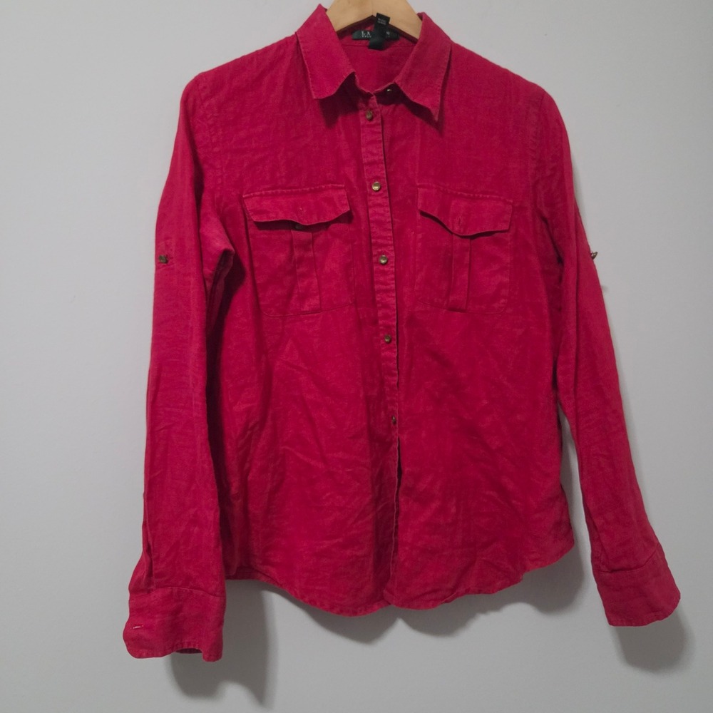Lauren Ralph Lauren Red 100%‎ Linen Button Down Utility Shirt Women Medium M